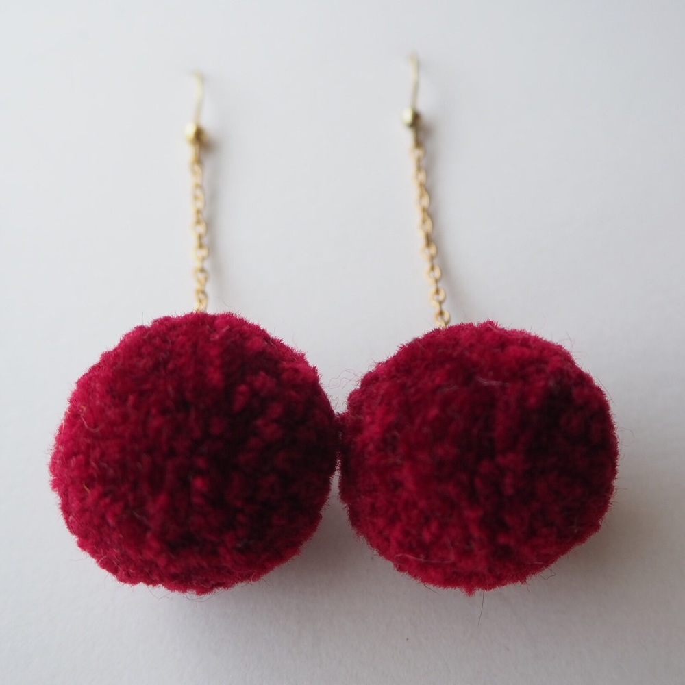 Red Burgundy Pom Pom Dangle Earrings Nickel Free - Picture 3 of 5